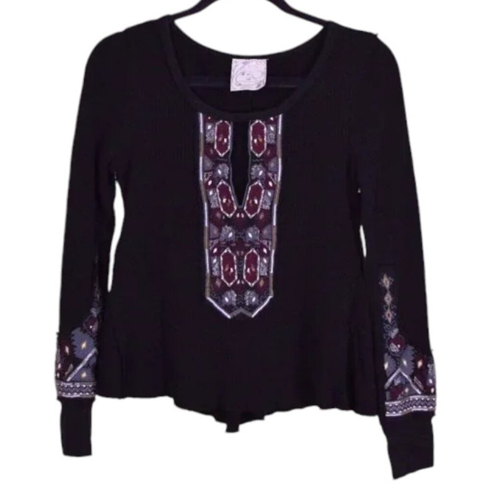 Women's Free People Boho Marion Embroidered Black Long Sleeve Thermal Top Sz XS